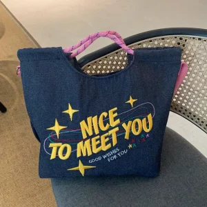 Casual Denim Tote Bag With Embroidered Letter, Multipurpose Crossbody Bags With Adjustable Strap, For Everyday Commute And Work