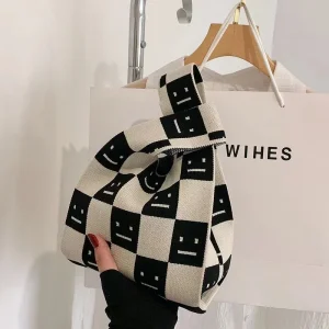 Fashion Plaid Knitted Tote Bag, Trendy Crochet Hobo Bag, Women's Casual Handbag & Purse