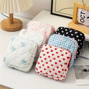 Classic Heart-shaped Checkered Bow Storage Bags, Toiletry Travel Makeup Bag, Zipper Closure, Mini Portable Handbag